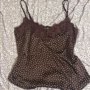 Brown Polka Dot Lace Trim Cami Top